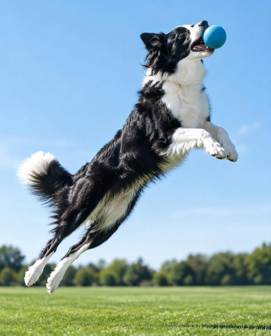 Border collie leaping for a ball