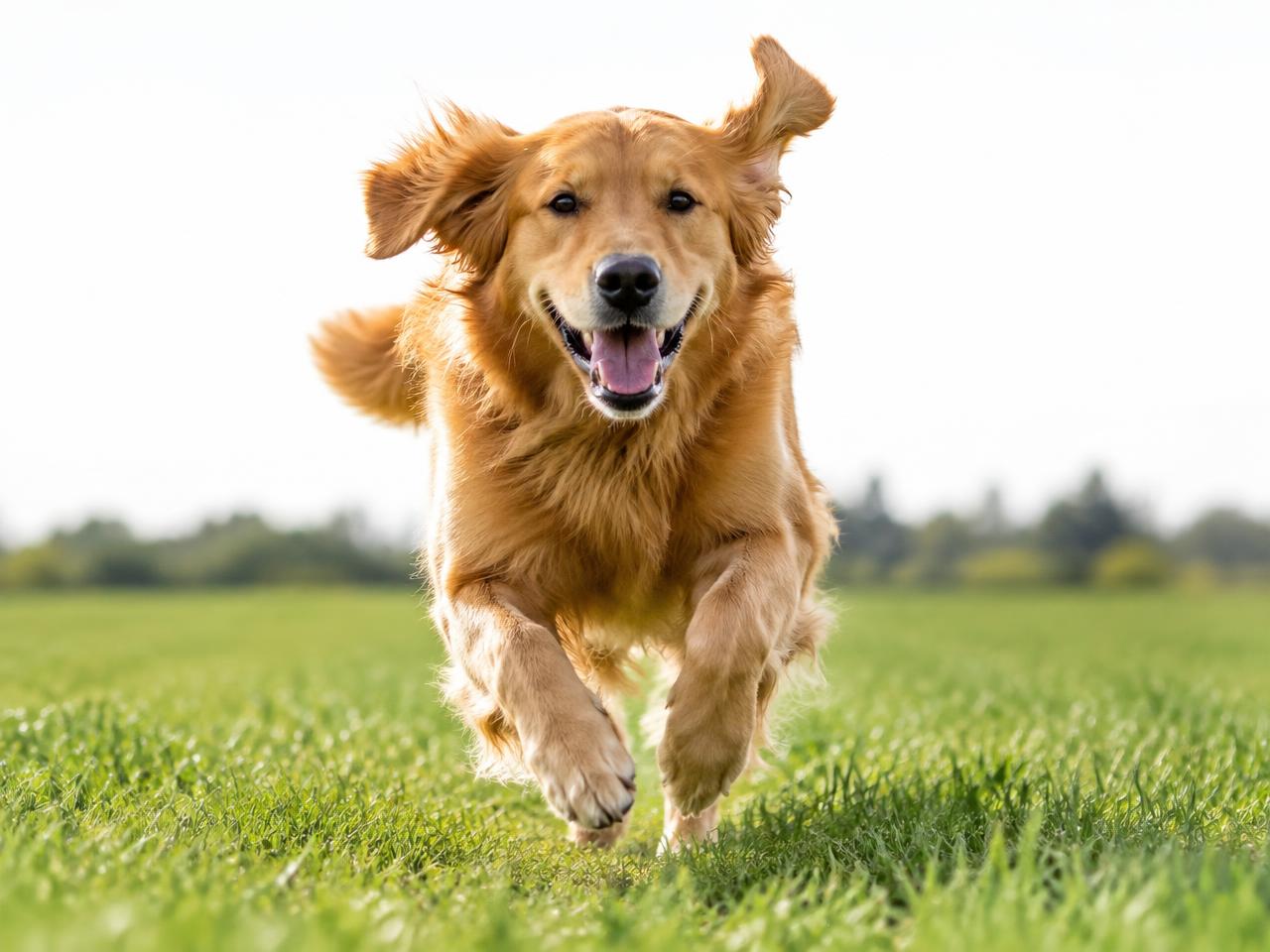 Golden retriever sprinting across a grass field