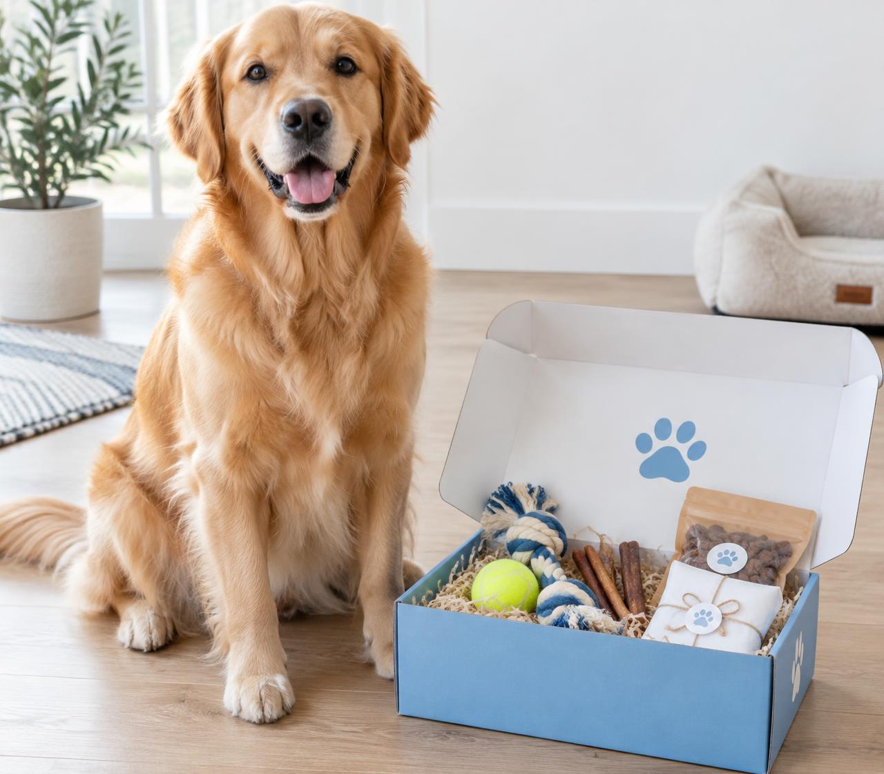 Happy golden retriever sitting beside an open Prize Pups box filled with a rope toy, tennis ball, chews and treats